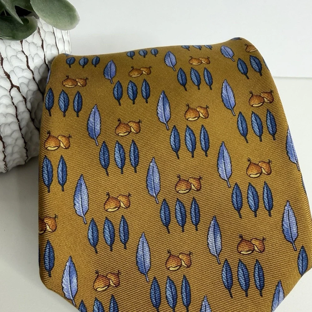 NWOT Brooks‎ Brothers Silk Necktie Acorns Feathers Brown Blue 3 5/8